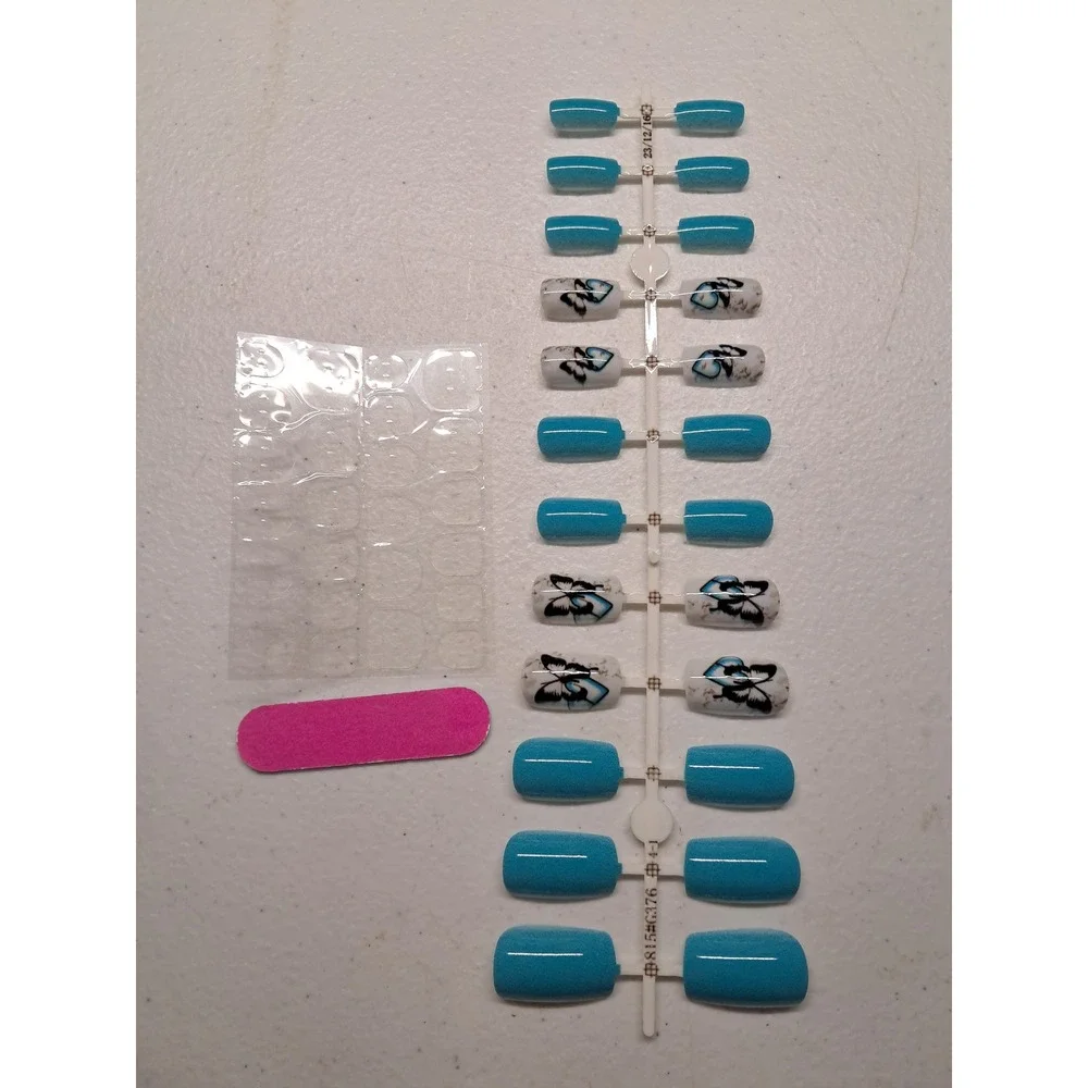 Blue Glitter Butterfly Press On Nails Set 24pc Square False Nails with Tabs File